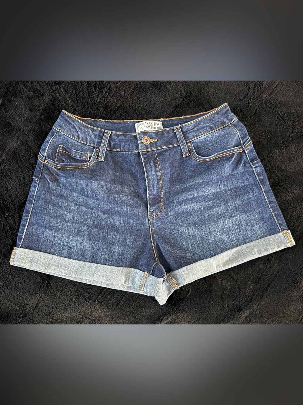 Wax Jean “Butt I Love You” Lift Blue Denim Shorts Stretch Cuffed Jean Sz 11